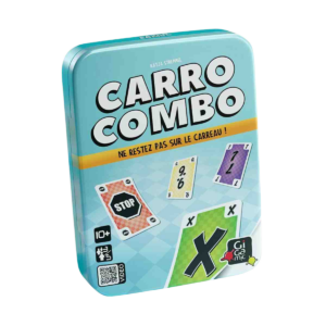 Carro Combo est un jeu de cartes en boîte rectangulaire bleue avec des cartes illustrées et colorées et un texte en gras blanc. Adapté aux 10 ans et plus, l'emballage présente un texte en français et des cartes aux motifs éclatants.