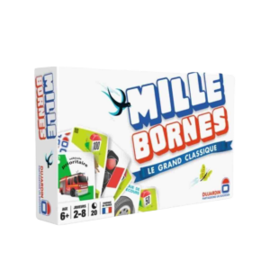 La boîte du jeu de cartes français 1000 bornes comporte des cartes colorées, une voiture rouge et un texte en gras. L'emballage indique que le jeu est destiné aux 6 ans et plus, qu'il peut être joué par 2 à 8 joueurs et qu'il dure 20 minutes.