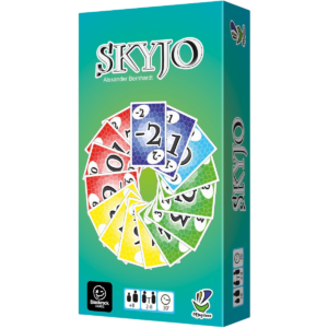L'image montre la boîte du jeu de cartes Skyjo avec des cartes colorées en cercle sur un fond vert. Les icônes indiquent que Skyjo est destiné aux 8 ans et plus, à 2-8 joueurs, et a une durée de jeu de 30 minutes.
