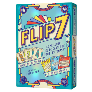 Boîte colorée du jeu de cartes Flip 7, avec un texte en gras et des cartes à jouer avec des chiffres. Le texte en français en fait le meilleur jeu de cartes de tous les temps et pose la question suivante : S'arrêter ou continuer ?.