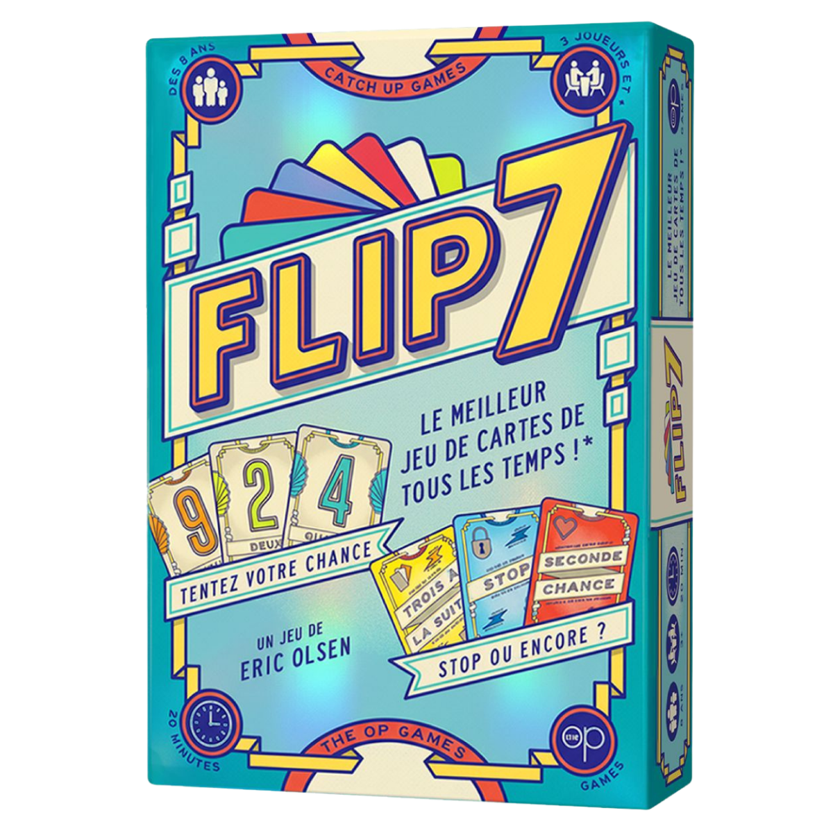 Boîte colorée du jeu de cartes Flip 7, avec un texte en gras et des cartes à jouer avec des chiffres. Le texte en français en fait le meilleur jeu de cartes de tous les temps et pose la question suivante : S'arrêter ou continuer ?.