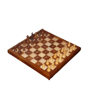 Le Jeu d'échecs présente des pièces d'échecs claires et foncées dans leur position de départ sur un échiquier en bois, vues de biais.