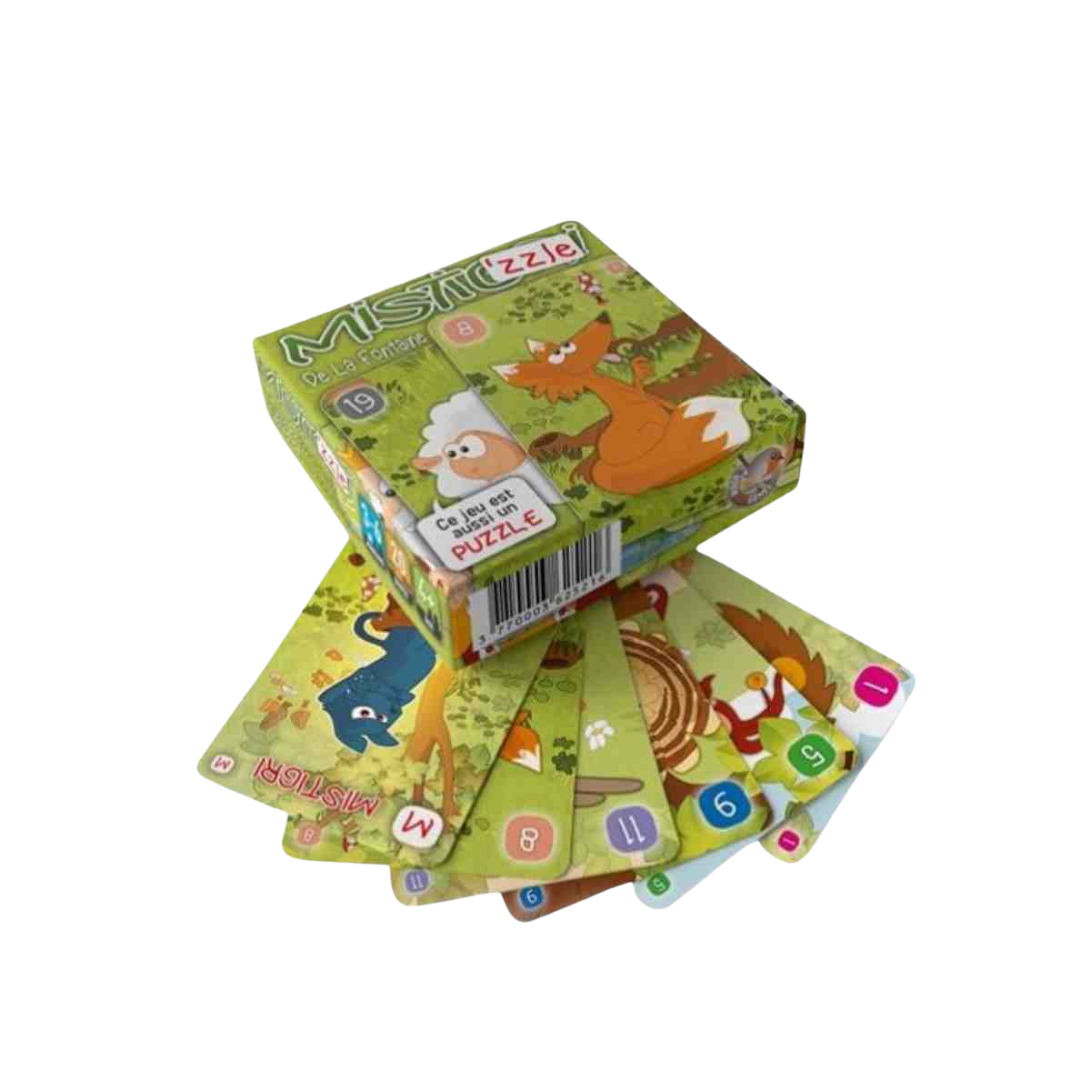 Un jeu de cartes vibrantes sur le thème des animaux, intitulé Mistigris : Misti'zzle, est étalé près de la boîte de jeu. Il met en scène des créatures de la forêt comme un renard et un hibou, un choix parfait pour les amoureux de Mistigris.