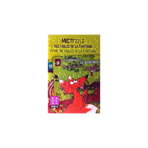 La couverture du livre est illustrée d'un renard roux. Texte : Mistigris : Misti'zzle, avec Le Corbeau et le Renard / The Crow and the Fox. Inclut le braille, le numéro 13 et des détails sur Mistigris tirés des fables de La Fontaine.