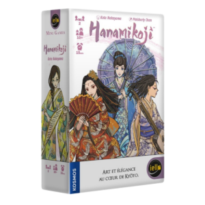 Boîte du jeu de société Hanamikoji, représentant des femmes vêtues de kimonos japonais traditionnels avec des éventails et des parasols, sur fond de motifs floraux.