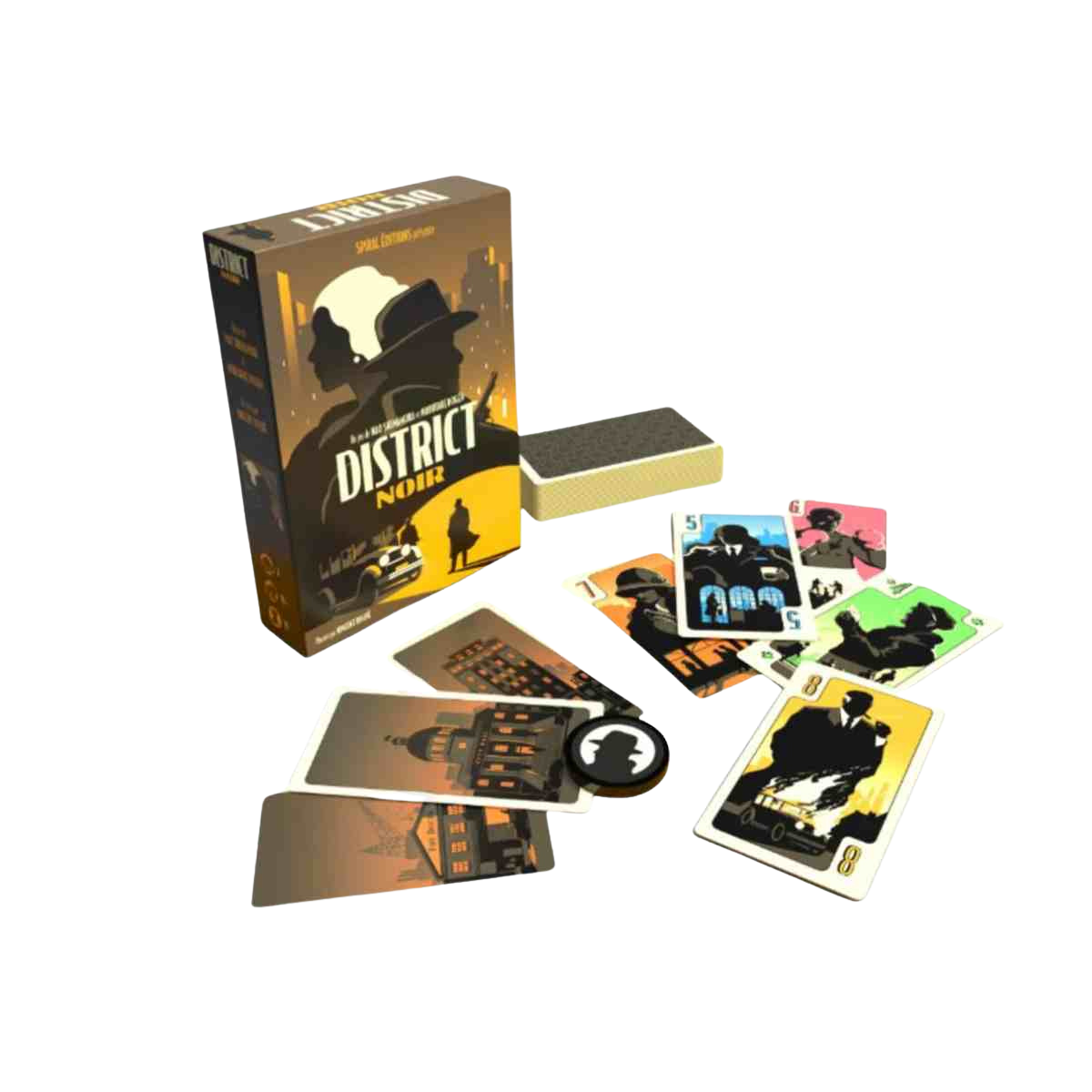 Une boîte de District noir est présentée avec un jeu de cartes, des cartes de paysage urbain et de personnage aux illustrations audacieuses, ainsi qu'un jeton rond, le tout disposé sur une surface blanche pour mettre en valeur le thème distinctif du jeu.