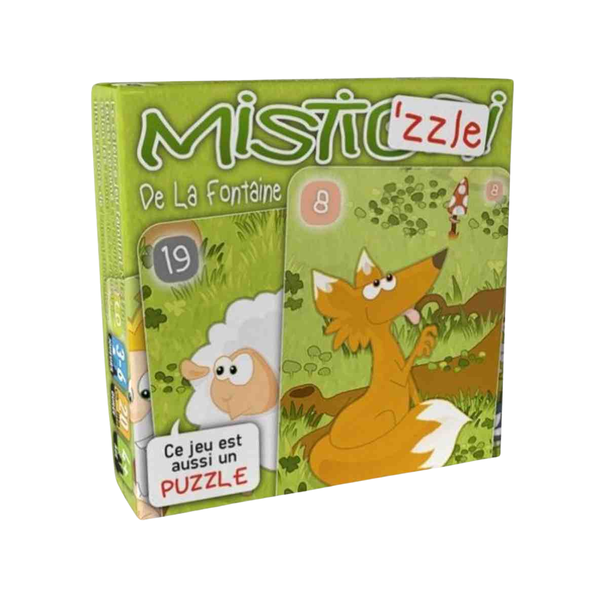 Boîte du jeu Mistigris : Misti'zzle, représentant un renard et un mouton de dessin animé avec un texte en français et des chiffres colorés sur un fond vert.