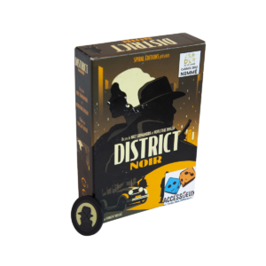 Une boîte de District noir avec une illustration représentant un détective, une voiture ancienne et un paysage urbain sur le thème du roman noir. Devant la boîte se trouve un jeton rond District noir représentant la silhouette d'un détective.