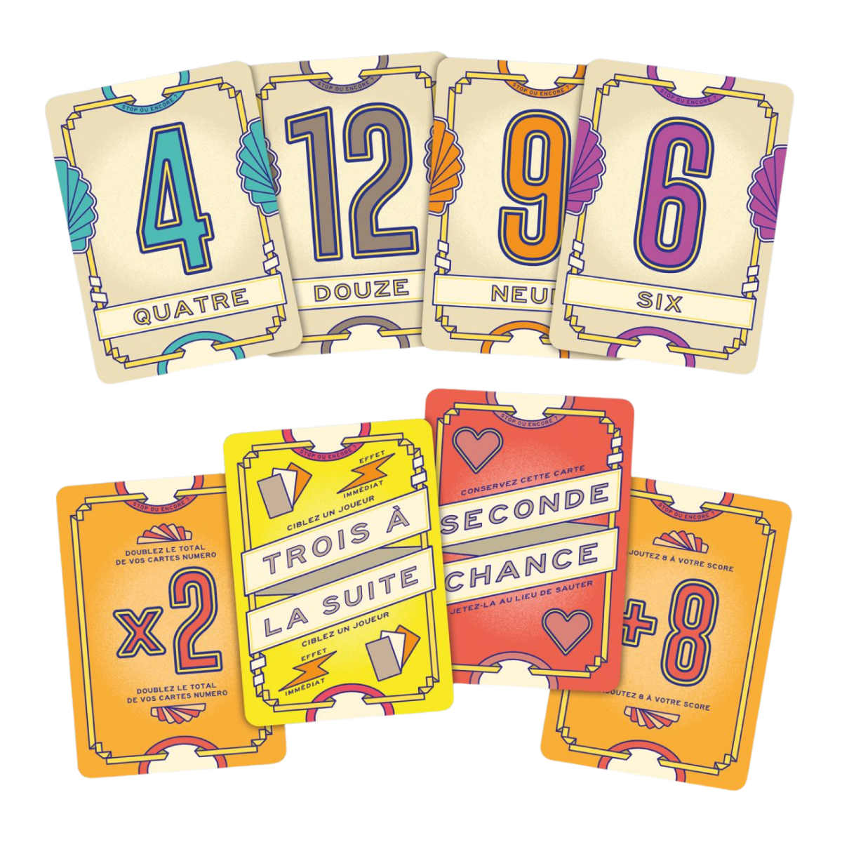 Flip 7 est un jeu de cartes à jouer colorées en français avec les chiffres 4, 12, 9 et 6 en bleu et violet, ainsi que des cartes d'action en jaune, orange et rouge avec des phrases telles que "X2", "Trois à la suite", "Seconde chance" et "+8".