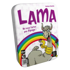 La boîte en fer-blanc du jeu de cartes Lama représente un lama de dessin animé portant une écharpe jaune devant un arc-en-ciel, avec le texte français "Ne vous faites pas Alpaga !". Le jeu convient aux personnes âgées de 8 ans et plus.