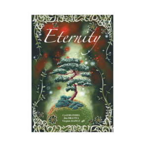 La couverture du livre Eternity représente un arbre stylisé sur un monticule herbeux, avec des bordures complexes en forme de vigne et un fond vert et rouge étoilé ; les noms des auteurs apparaissent au bas de la couverture.
