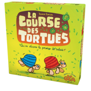 Boîte de jeu vert vif pour « La course des tortues », représentant deux tortues de dessin animé, l'une bleue et l'autre rouge, qui courent vers une tête de laitue. La couverture est ornée d'un texte en français et d'illustrations ludiques.