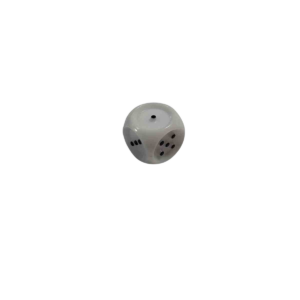 Le Dé tactile 6 faces 1,5cm est un dé blanc à six faces avec des points noirs, dont les faces portent des chiffres tels que un, trois et cinq. Il est présenté sur un fond blanc uni.