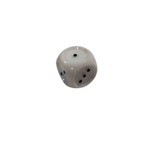 Un seul "Dé tactile 6 faces 2,5cm blanc" à six faces, chacune de 2,5cm de large, comporte des points noirs représentant les chiffres un, trois et cinq, photographiés sur un fond blanc uni.