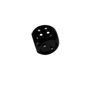 Un Dé tactile 6 faces 2,5cm noir présentant les numéros quatre, trois et deux visibles sur fond blanc.