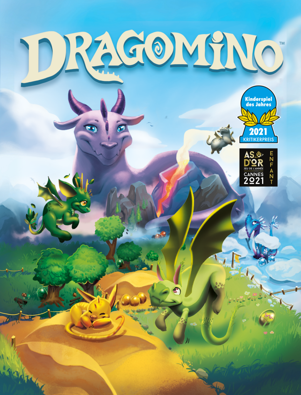 La boîte colorée de Dragomino représente des bébés dragons enjoués dans un paysage fantastique vibrant, avec un grand dragon violet en arrière-plan et plusieurs badges de récompenses affichés sur le côté droit.