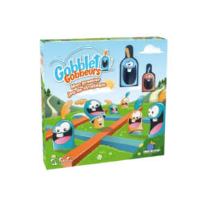 L'image montre la boîte aux couleurs vives de « Gobblet Gobblers », un jeu de société stratégique destiné à toute la famille, notamment aux enfants, mettant en scène des oiseaux de bande dessinée espiègles aux grands yeux et au bec proéminent, sur fond d'un décor en plein air qui attire le regard.