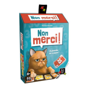 Boîte du jeu de société « Non merci ! » représentant un chat grincheux illustré repoussant des cartes et des pièces de monnaie, destiné aux enfants à partir de 8 ans, avec des graphismes colorés et un texte en français sur le devant.