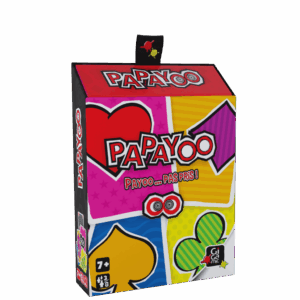 Le jeu de cartes Papayoo est présenté dans une boîte aux couleurs vives, avec des sections rouge, jaune, vert et violet bien contrastées, ornées de grands symboles de couleurs. L'emballage indique qu'il est destiné aux enfants de 7 ans et plus et arbore le logo Gigamic.