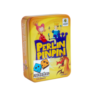 La boîte rectangulaire du jeu « Perlinpinpin » représente des personnages de dessins animés célèbres et un dragon sur fond jaune ; elle précise que le jeu est destiné à 2 à 5 joueurs âgés de 6 ans et plus.
