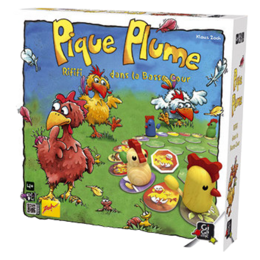 La boîte Pique Plume présente des poulets de dessin animé, des plumes et des pièces en forme de poulet, le tout sur fond d'une joyeuse scène de ferme.