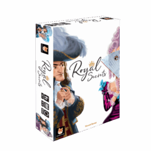 La boîte du jeu de société « Royal Secrets » représente un homme coiffé d'un chapeau à plumes et une femme tenant un éventail, tous deux vêtus de costumes royaux somptueux du XVIIIe siècle, le tout sur fond blanc, évoquant ainsi les thèmes de l'intrigue et de la vie secrète de la cour.