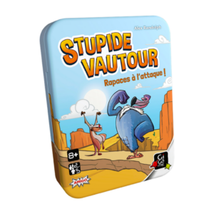 La boîte de jeu Stupide vautour présente des vautours en dessin animé dans un canyon désertique, avec un titre audacieux et coloré, ce qui en fait un choix idéal pour les joueurs de 8 ans et plus.