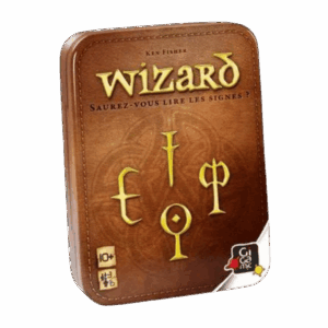 Une boîte métallique rectangulaire du jeu de cartes « Wizard », ornée de symboles mystiques, comportant un texte en français sur fond marron, l'âge recommandé « 10 ans et plus » et le logo Gigamic dans un coin.