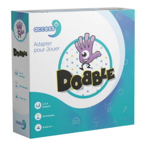 Boîte de Dobble - Access+, représentant une main violette de dessin animé avec un œil et un sourire. L'emballage blanc et sarcelle présente les icônes Access+, les détails du jeu et le texte français "Adapter pour Jouer".