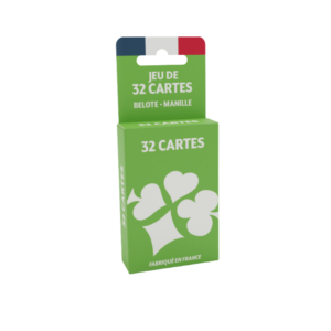 Bien sûr ! Voici une version remaniée à partir des informations sur votre produit : une boîte verte contenant un « Jeu de 32 cartes », composé de 32 cartes à jouer françaises conçues pour la belote et la manille, ornées d’un motif blanc représentant les couleurs des suites et d’un petit drapeau français sur le dessus — idéal pour tous les amateurs de cartes à jouer.
