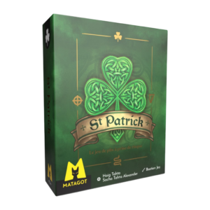Une boîte verte dédiée à la Saint-Patrick arbore un motif de trèfle à trois feuilles, des touches dorées et le logo Matagot représentant un chat. Un texte en français figure sous le titre, tandis que les noms des créateurs apparaissent en bas de la boîte.