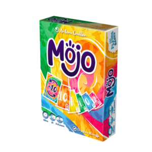Boite pour Mojo, le jeu de cartes pour 3 à 8 joueurs âgés de 8 ans et plus, avec des cartes colorées avec des chiffres et des symboles sur un fond orange, jaune et vert tourbillonnant.