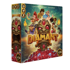 La boîte illustrée du jeu de société « Diamant » représente un masque doré antique, des explorateurs, des pierres précieuses et un décor de jungle. Le titre « Diamant » est en gras, accompagné du slogan « Osez ou Fuyez ».