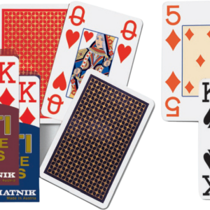 Un jeu de 54 cartes Opti avec plusieurs cartes à jouer étalées, telles que le roi de cœur, la reine de cœur, le roi de pique, le cinq de carreau, et des dos de cartes aux motifs classiques rouges ou bleus.