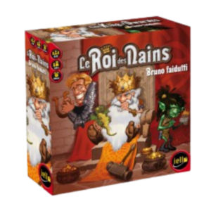 La boîte du jeu de société Le Roi des Nains représente un roi sur un trône, un bouffon et un personnage à la peau verte avec des trésors en or. La marque "iello" est visible. Conçu par Bruno Faidutti.