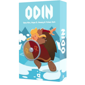 La boîte d'un jeu intitulé « Odin » représente un Viking de dessin animé aux cheveux blonds, vêtu d'une cape rouge et muni d'un bouclier rond, courant sur un terrain glacé avec des montagnes et des nuages en arrière-plan. Les noms des concepteurs figurent sur la couverture.