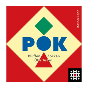La couverture de Pok présente un fond rouge avec un grand losange jaune au centre. Le mot "POK" est écrit en bleu, entouré d'un losange vert, d'un triangle rouge et d'un cercle bleu. En dessous se trouve le texte "Bluffen Zocken Überlisten", et le nom de Kasper Lapp apparaît à droite.