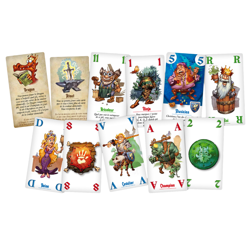 Le Roi des Nains est un jeu de cartes illustrées de personnages fantastiques - dragon, chevalier, reine, gobelin, etc. - plus deux cartes affichant un texte en français et les règles du jeu.