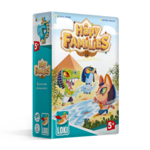 Le jeu de cartes Hâpy Families met en scène des animaux égyptiens caricaturaux, comme un crocodile et un chat en tenue ancienne, à côté d'une pyramide et d'une rivière sur sa boîte colorée. Recommandé pour les 5 ans et plus.