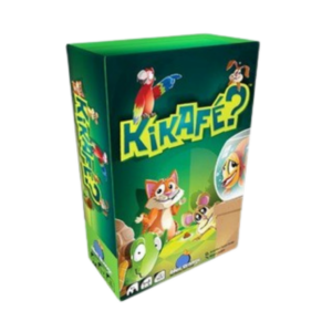 Une boîte verte du jeu « Kikafé ? », sur laquelle figurent des animaux de dessin animé, notamment un chat, un oiseau, un chien, un lapin et une souris. La boîte présente des illustrations ludiques et colorées, ainsi qu'un titre en jaune vif.