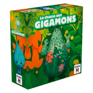 Boîte de jeu de société colorée pour « La chasse aux Gigamons », mettant en scène deux adorables personnages de style bande dessinée : une figurine bleue en forme de larme et une grande créature verte recouverte de feuilles, entourées d’une végétation aux couleurs vives. Logo « Studio H » dans un coin.