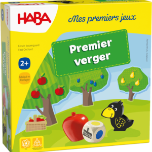 Boîte du jeu Premier verger de HABA comprenant des arbres fruitiers illustrés, des pommes, des poires, un corbeau noir, un panier et un dé de jeu. La boîte est principalement jaune et verte, pour les 2 ans et plus.