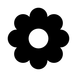Une icône représentant une fleur noire toute simple, composée de sept pétales arrondis et d'un centre circulaire blanc, sur fond gris clair.