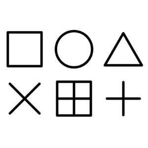 Six formes noires bien marquées sur fond blanc : un carré, un cercle, un triangle, un X, une grille de quatre carrés et un signe « + », disposés en deux rangées de trois.