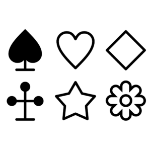 Six formes noires sur fond blanc : un pique, un cœur, un carreau, un valet, une étoile et une fleur, disposées en deux rangées de trois.