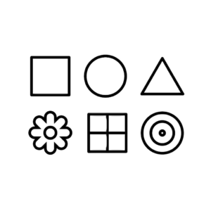 Six formes aux contours noirs sur fond blanc : un carré, un cercle et un triangle dans la rangée du haut ; une fleur, un carré divisé et une cible dans la rangée du bas.
