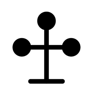 Un symbole géométrique noir composé d'une ligne verticale coupée par une ligne horizontale plus courte, chacune se terminant par un cercle noir, ainsi qu'un cercle supplémentaire en haut, le tout sur fond blanc.