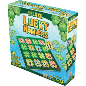Boîte de jeu colorée pour Deluxe Lucky Numbers comprenant un plateau avec des tuiles de trèfle numérotées. Le fond est constitué de feuilles de trèfle et le titre est affiché en jaune et vert.