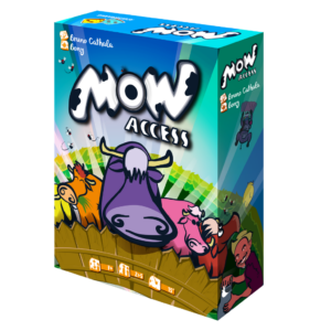 Une boîte colorée pour le jeu Mow Access présente des vaches de dessin animé, de l'herbe et une clôture en bois. Le titre est en gras et en blanc, et la couverture montre des vaches enjouées de couleur orange, violette, rose et marron.