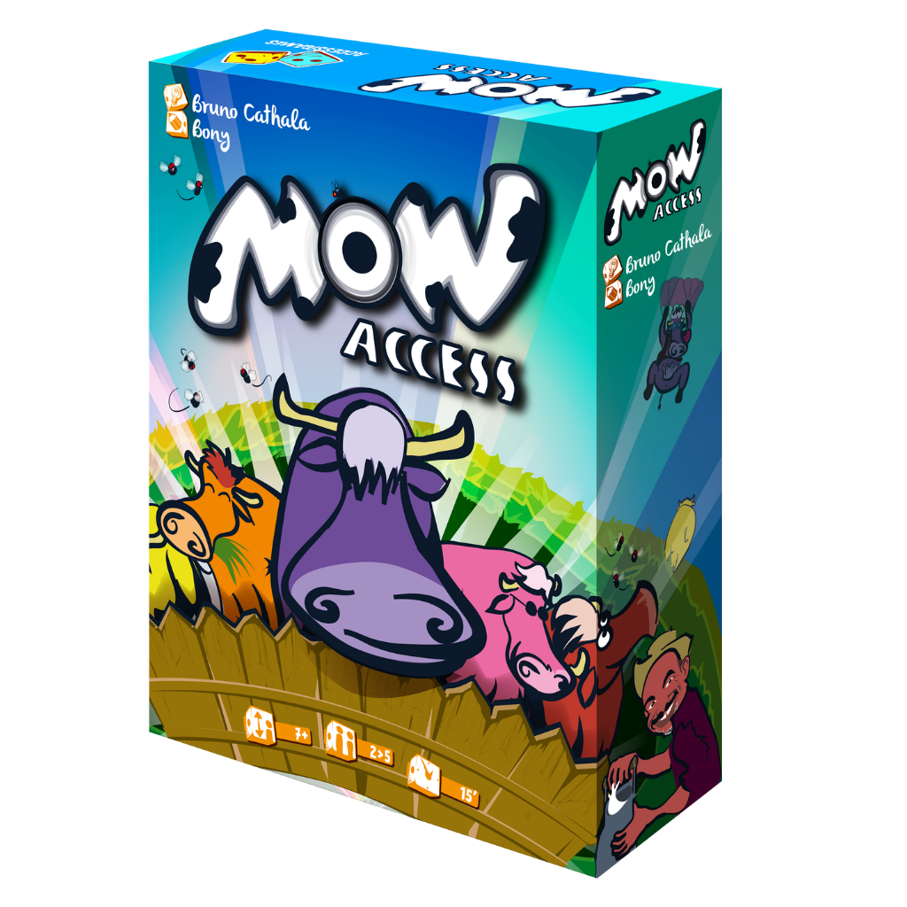 Une boîte colorée pour le jeu Mow Access présente des vaches de dessin animé, de l'herbe et une clôture en bois. Le titre est en gras et en blanc, et la couverture montre des vaches enjouées de couleur orange, violette, rose et marron.